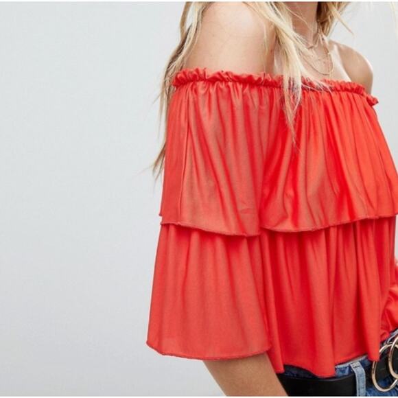 ASOS Red Off Shoulder Ruffle Peasant Top Size 2 Boho Blouse - Picture 4 of 8